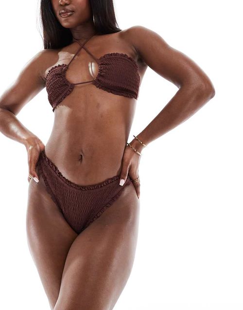 South Beach frilly crinkle high leg bikini bottoms in brown