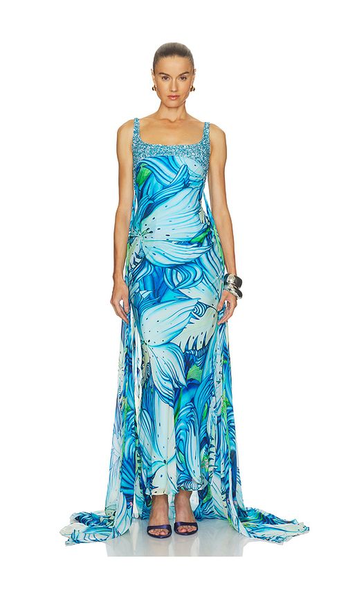 LA FUORI Floral Pixie Trail Dress in Blue. L. Also in XS