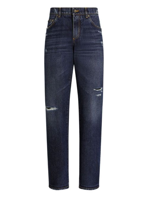 Men's Loose-Fit Distressed Five-Pocket Jeans with Back Logo Plaque
