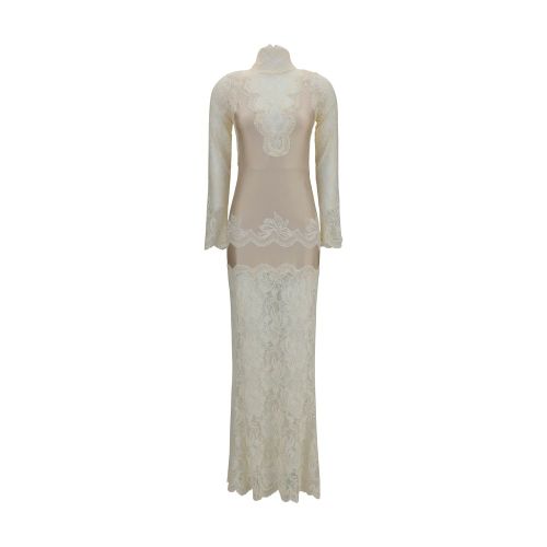 Lace and Jersey Dress — Beige