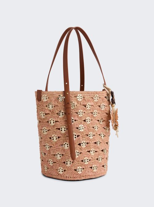 Large Raffia Bucket Bag Peach And Gold