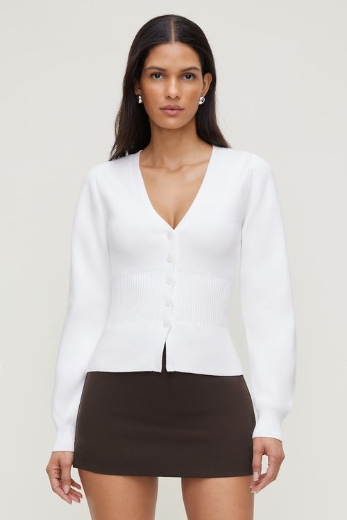 Cinched Waist Cardigan - White - Women Clothing