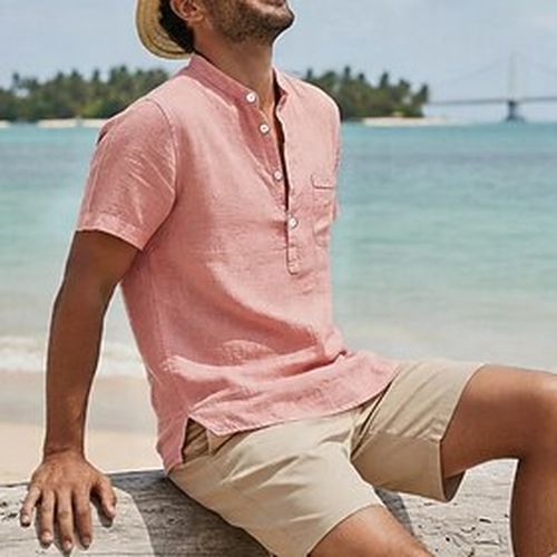 Men's Shirt Popover Shirt Summer Shirt Beach Shirt Cotton Linen Shirt Solid Color Casual Outdoor Black White Pink Navy Blue Short Sleeve Standing Collar Summer