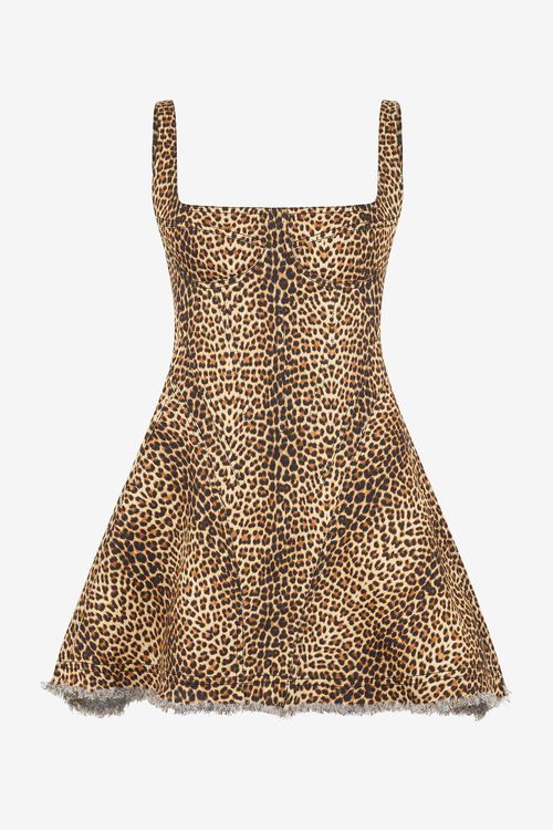 Flared Dress With Bbay Jaguar Print And Frayed Edges