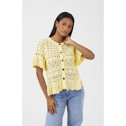 Brave Soul Womens Yellow Short Sleeve Pointelle Knit Cardigan With Frill Hem - X-Sma