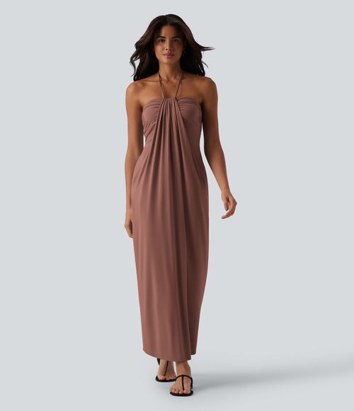 Halter Tie Back Maxi Dress with Pockets Casual Dress - Brick Dust