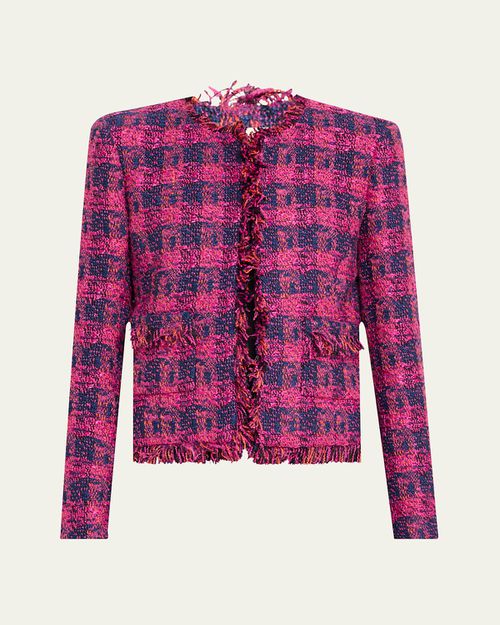 Angelina Tweed Open-Front Fringe Blazer