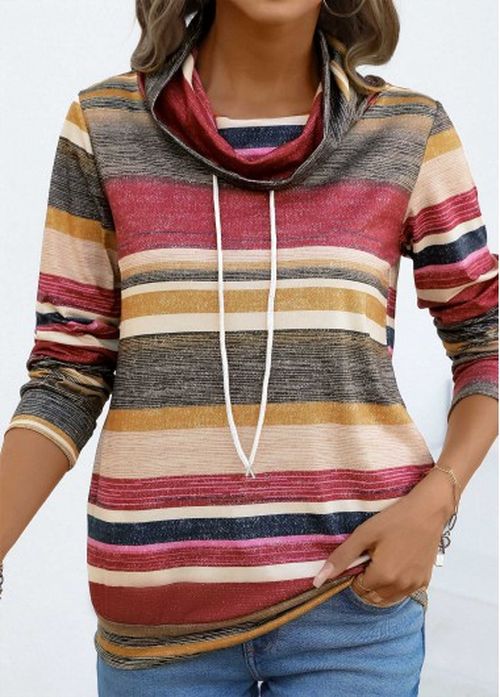 Modlily Coral Drawstring Multi Stripe Print Long Sleeve T Shirt