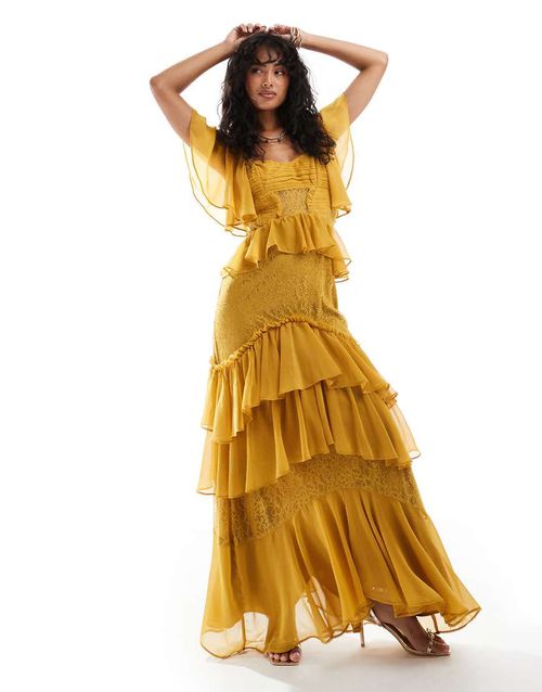 knee length dresses for ladies Asos Design Satin Maxi Dress With Batwing Sleeve And Wrap Waist In Mustard  Yellow
