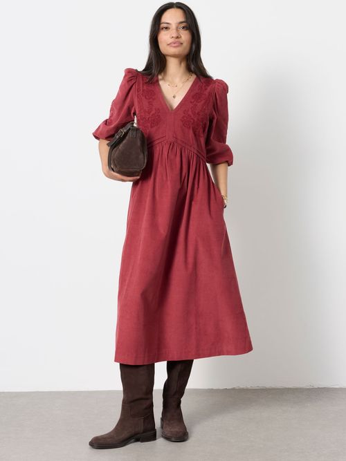 FatFace Connie Rust Brown Embroidered Cord Midi Dress