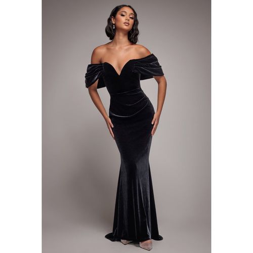 Goddiva Off The Shoulder Deep Plunge Velvet Maxi Dress - Black