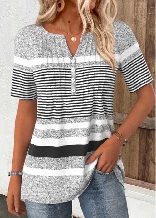Modlily Light Grey Marl Striped Short Sleeve T Shirt