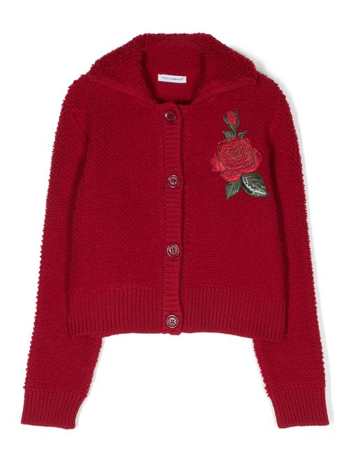 Rose-embroidered spread-collar cardigan