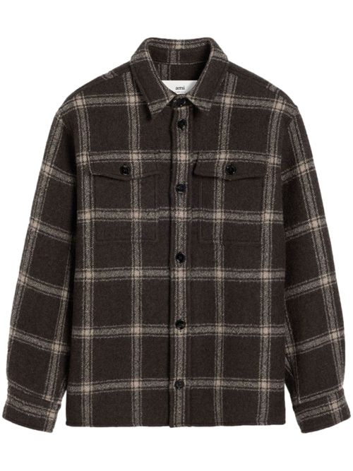 Checked wool-blend shirt jacket - Brown