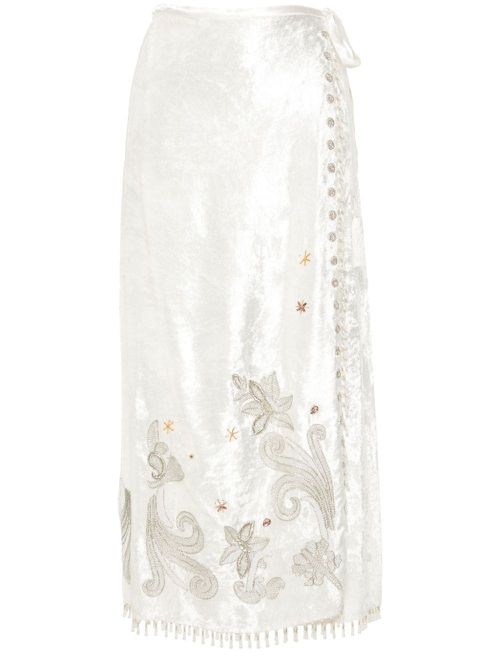Bead-detail velvet skirt - White