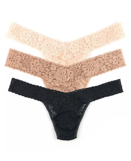 Women's Daily Lace Low Rise Thong Underwear 3 Pack - Black, Taupe, Vanilla