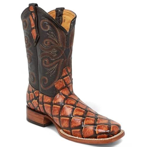 Men’s Genuine Leather Exotic Pirarucu Fish Print Square Toe Cowboy Western Boots - Cognac (Cognac, US Footwear