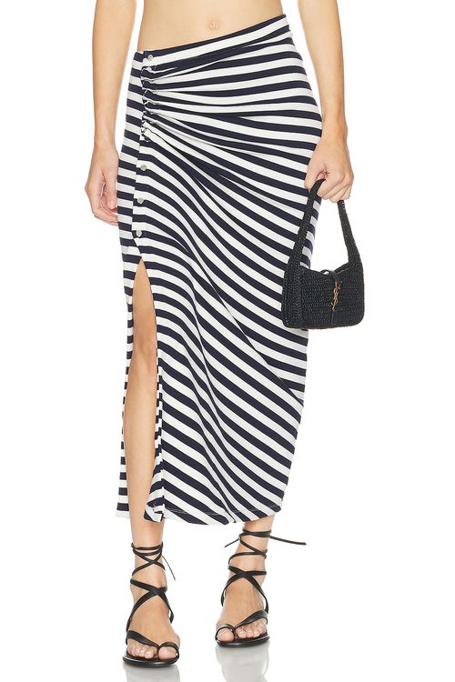 RABANNE Striped Draped Midi Skirt in Navy & Cream - Navy.  42 also in 34, 36