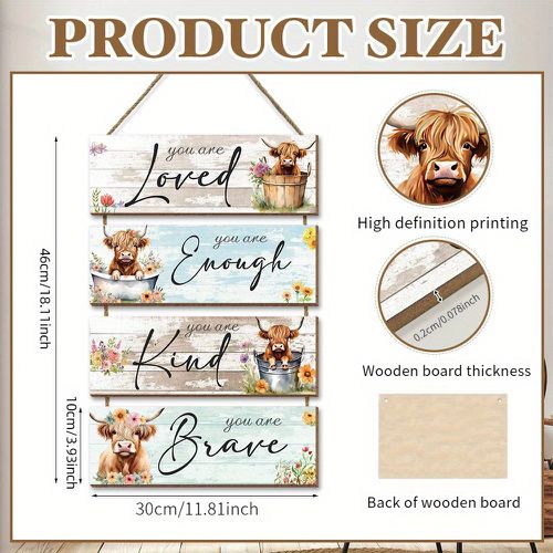 TEMU 2d Flat - Rustic Wooden Highland Cow Hanging Sign With Inspirational Quotes - 2d Flat Printing, Hemp Rope Hanging, Ideal For Bedroom, Living