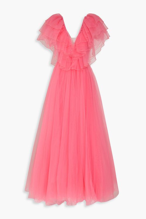 Ruffled crystal-embellished tulle gown