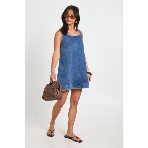 Boohoo Womens Petite A-Line Square Neck Denim Mini Dress - Blue Cotton