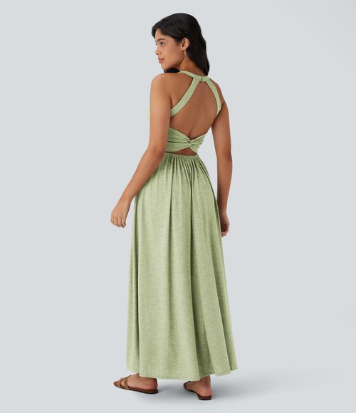 Twisted Backless Split Flowy Maxi Resort Dress with Pockets Casual Dress - Misty Beige