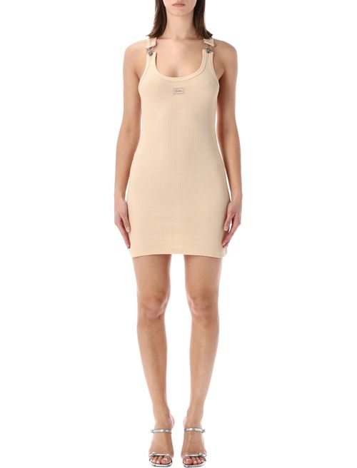 Minimalist Ribbed Mini Dress with Metal Buckles - Slim Fit