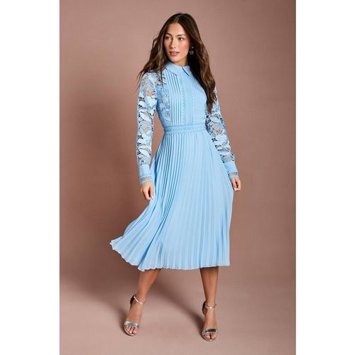 Coast Women's Long Sleeve Lace & Pleated Midi Shirt Dress in Light Blue