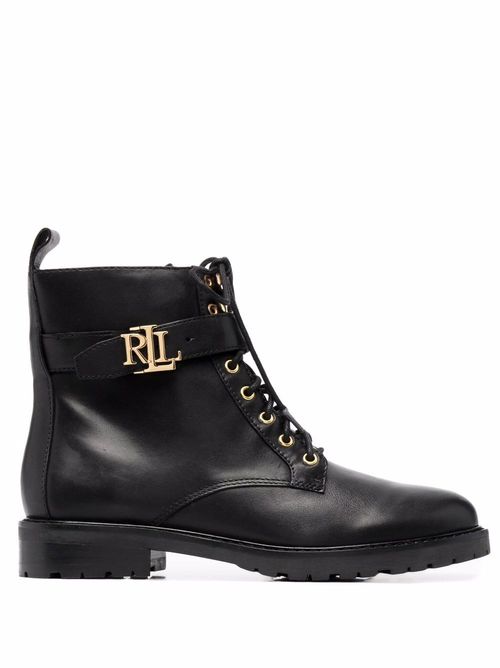 Burnished logo-plaque lace-up leather boots - Black