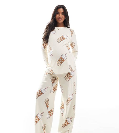 ASOS DESIGN Maternity Iced coffee long sleeve top and pants pajama set in beige-Neutral