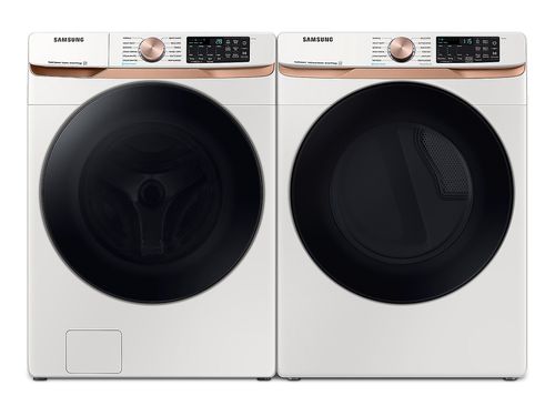 Extra Large Capacity Smart Front Load Washer with Super Speed Wash and Smart Gas Dryer with Steam Sanitize+ and Sensor Dry in Ivory