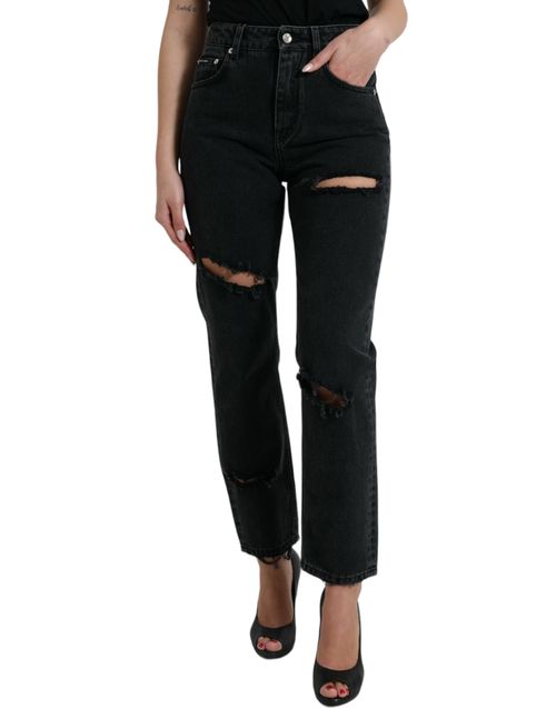 High-Waist Ripped Cotton-Blend Denim Jeans — Black