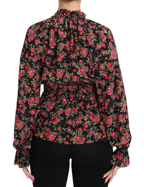 Rose Print Floral Silk Blouse — Black