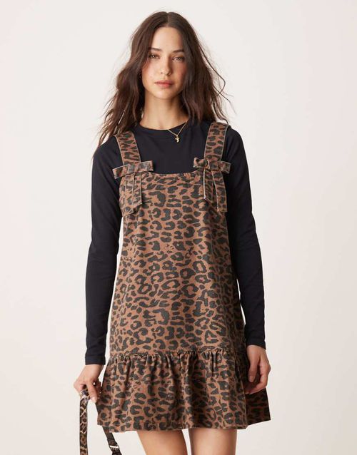 Neon Rose leopard print denim pinny dress in brown