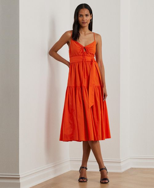 Women's Belted Cotton Voile Sleeveless Dress - Orange Lily