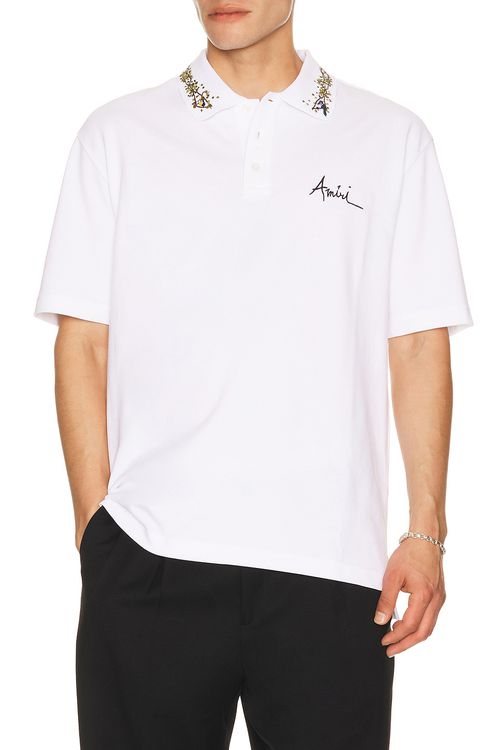 Amiri Amiri Floral Collar Polo in White - White. L also in M, S, XL/1X, XXL/2X