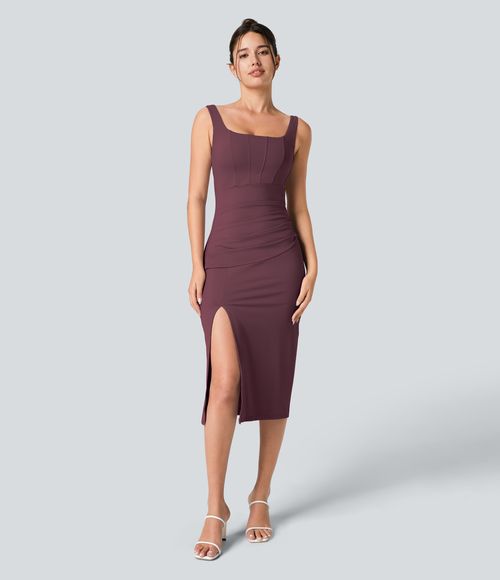 Softlyzero™ Airy Square Neck Backless Corset Ruched Split Bodycon Midi Cool Touch Bridesmaid and Wedding Guest Dress Casual Dress - Fig