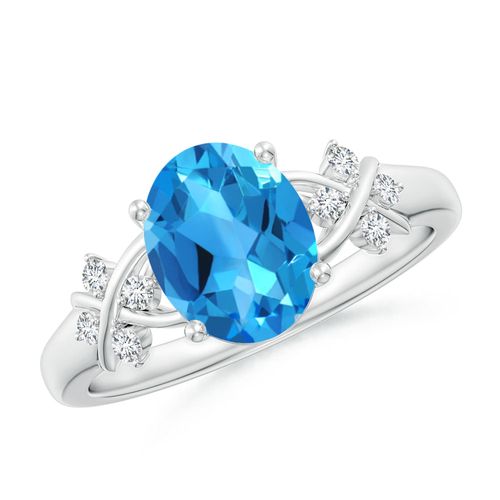 Angara 2.25 Carats Solitaire Oval Swiss Blue Topaz Criss Cross Ring with Diamonds in Platinum
