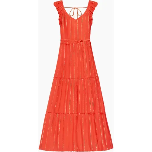 RO&ZO Women's Petite Coral Lurex Tiered Maxi Dress - Pink/Orange/Red