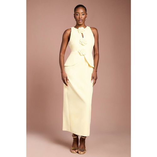 Coast Lisa Tan Crepe Rosette Detail Peplum Pencil Dress In Lemon