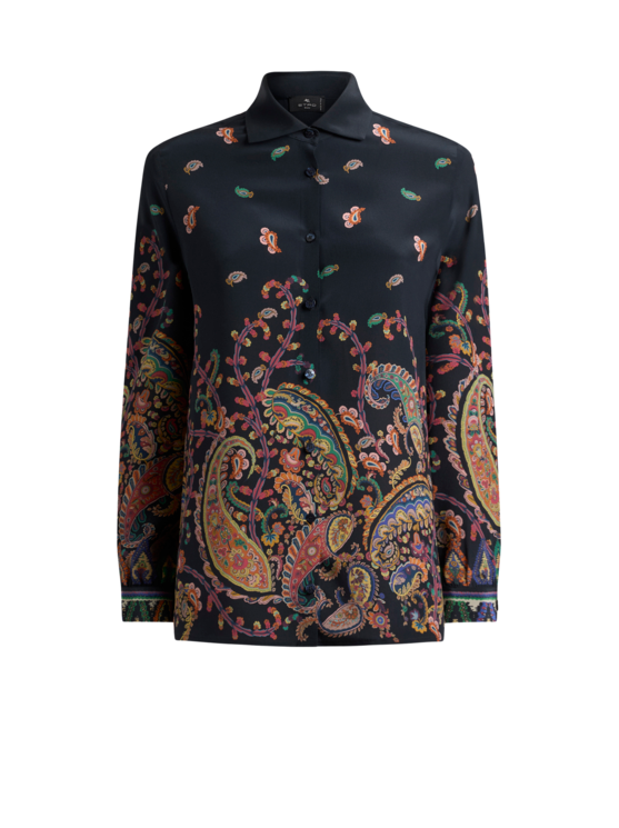 Silk Shirt With Placed Floral Paisley Print