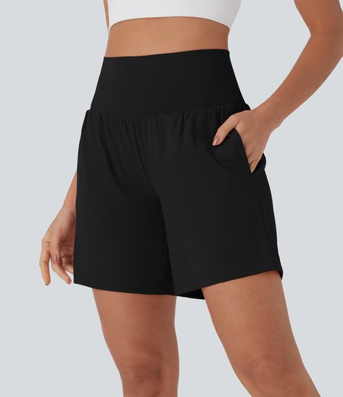 "Softlyzero™ Airy Super High Waisted 2-in-1 Cool Touch Yoga Shorts 7"" with Pockets Gym Short - Black