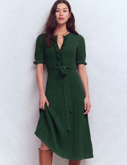 Women's Henley Frill Knitted Dress in Green | Size 2