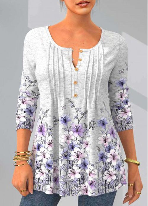 Modlily Floral Print Long Sleeve Crinkle Chest T Shirt