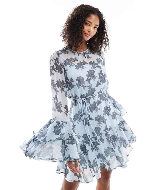 Chiffon ruffle sleeve boho mini dress in blue floral print