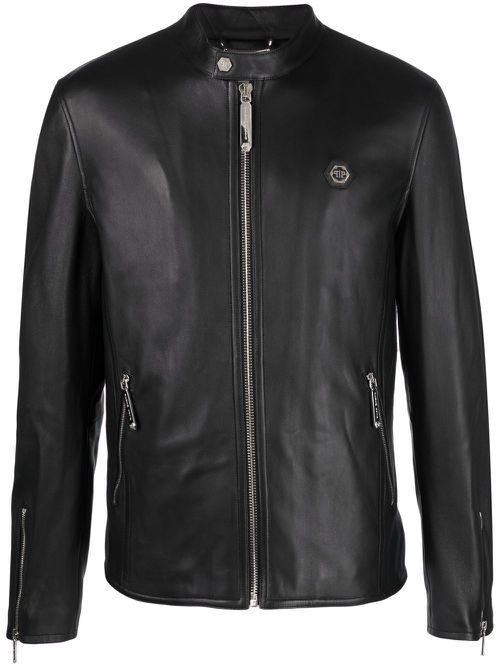 Logo zipped biker jacket - Black