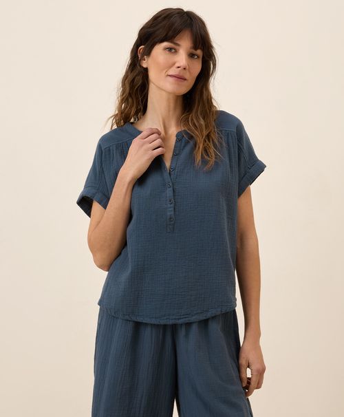 Women's French Navy Coastal Double Gauze Short Sleeve Popover