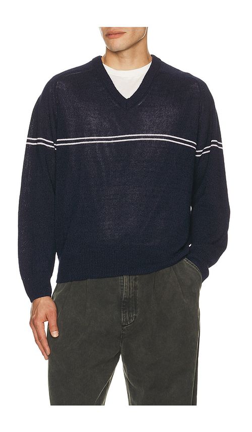 Dunst Striped V Neck Striped Sweater in Navy. - M also in L, XL/1X