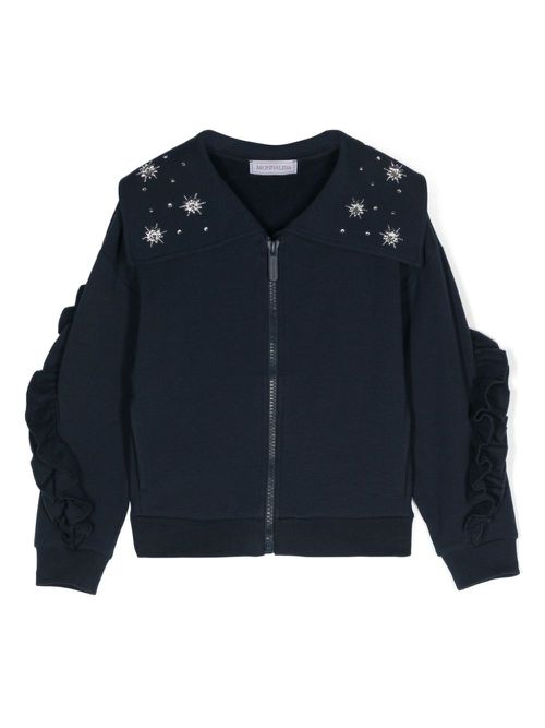 Rhinestone ruffled zipped cardigan - Blue