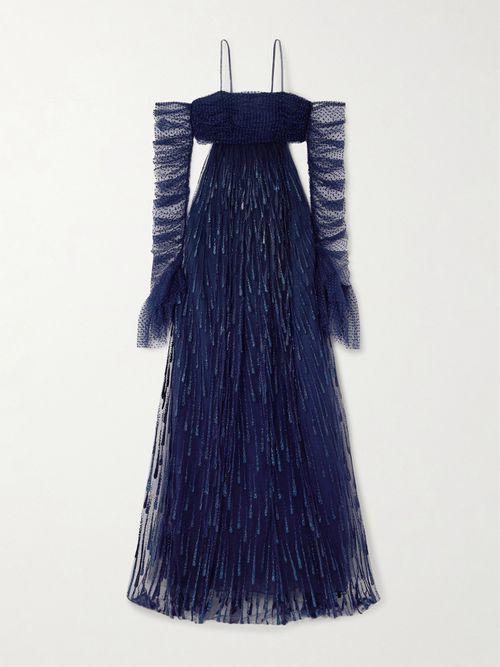 Samhain Cutout Swiss-dot And Glittered Tulle Gown And Gloves Set - Blue